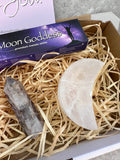 Amethyst Moon Goddess Box | Selenite Moon Bowl, Body Candle, Chevron Amethyst Generator, Moon Goddess Incense