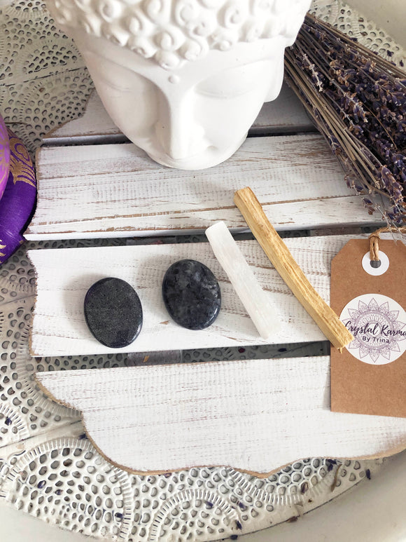Cleansing Bundle Palo Santo Selenite Hematite Larvakite - crystals for cleansing, grounding and patience| Crystal Karma by Trina