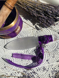 Selenite Athame - Adorned with Purple Ribbon, Black Cord, Amethyst & Pentacle Charm | Crystal Karma by Trina
