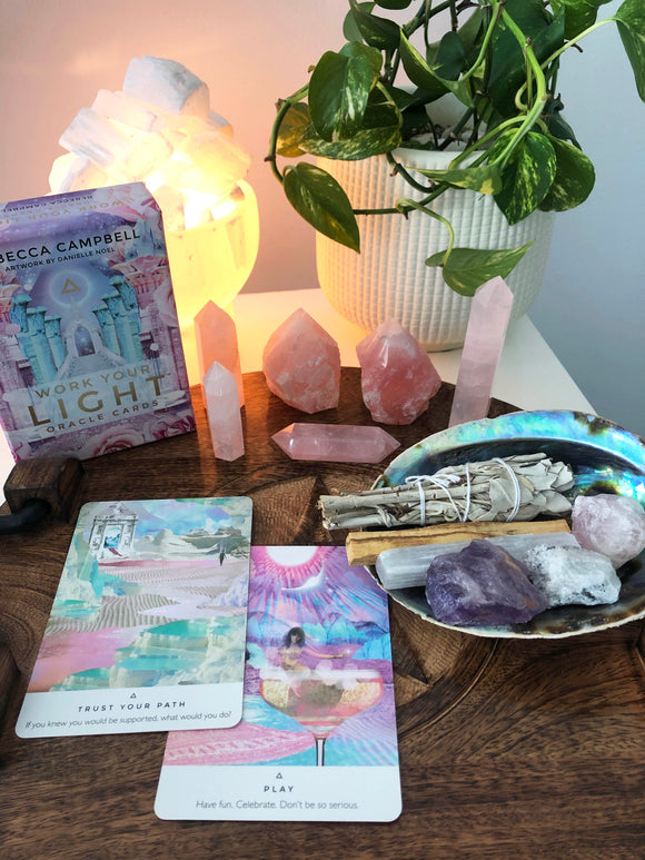 Work Your Light Oracle Cards, Cleaning Smudge Set, Rose Quartz Generators | Crystal Karma by Trina