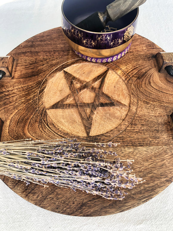Round Wooden Altar Table with Pentagram and Metal Handles | Crystal Karma by Trina 