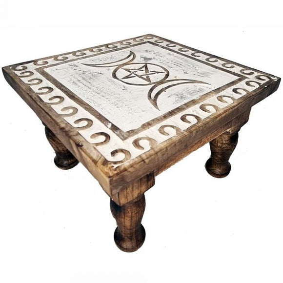 Wooden Altar Table with Triple Moon Symbol | Crystal Karma by Trina