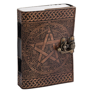 Book Of Shadows Leather Journal - Pentacle Dark Brown Print | Crystal Karma by Trina