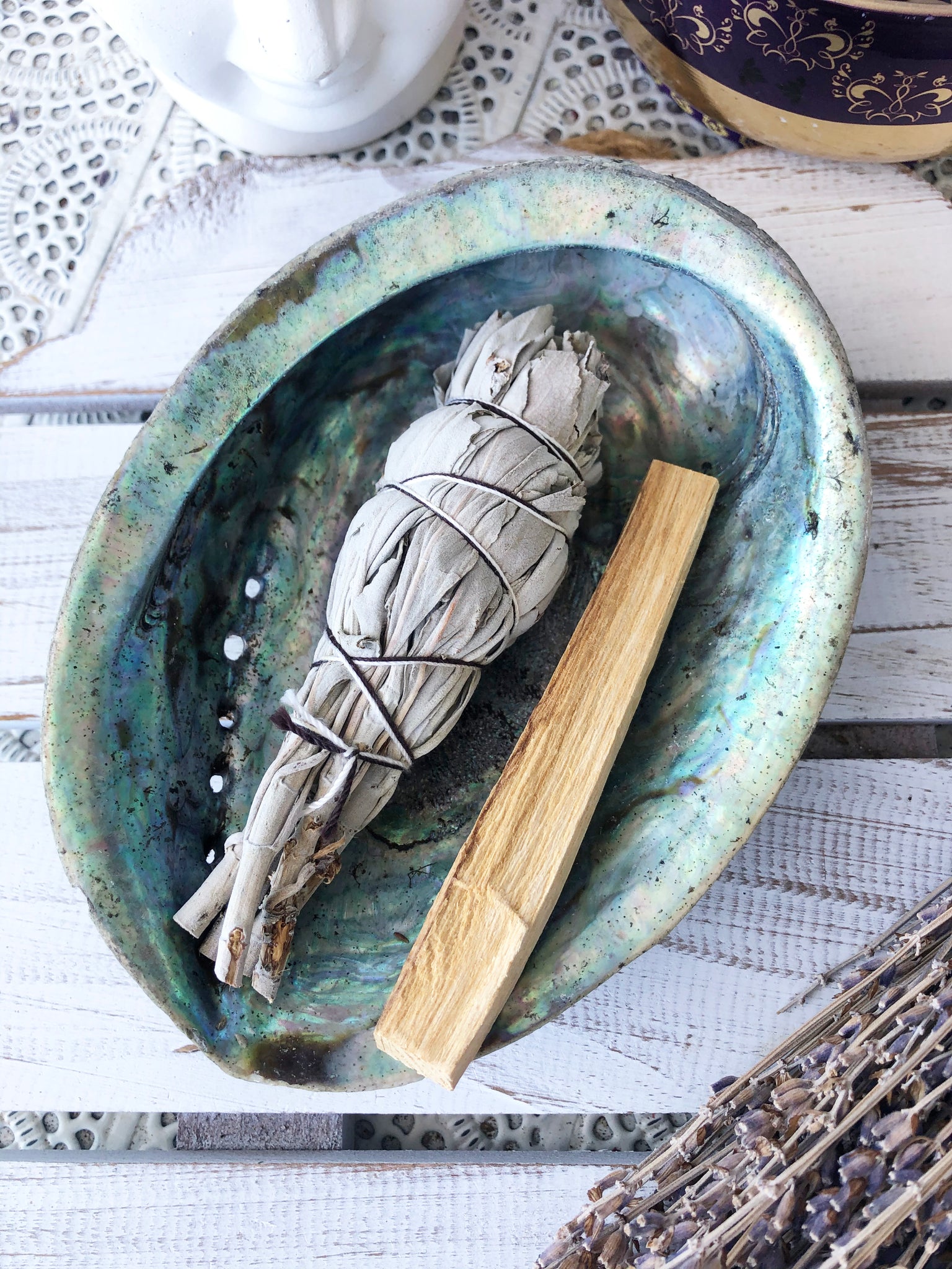 Cleansing Set - Abalone Shell, White Sage & Palo Santo / Selenite Opti –  Crystal Karma By Trina