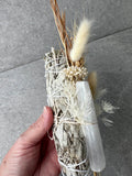 15cm Floral white sage smudge stick with Selenite Rod - Neutral Tones