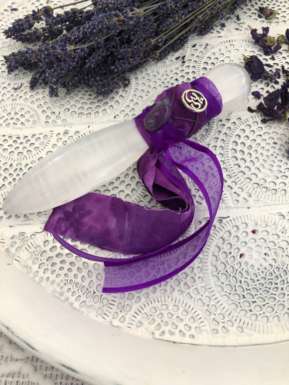 Selenite Athame - Adorned with Purple Ribbon & Amethyst - Crystal Karma By Trina