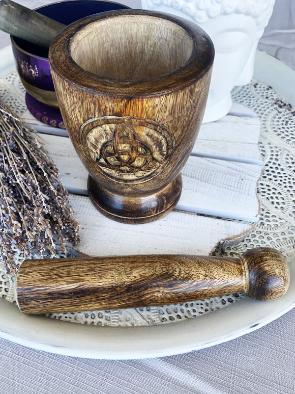 Mortar and Pestle - Wooden Engraved Triquetra Large | Crystal Karma by Trina
