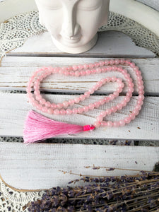 Buddhist Mal Prayer Beads - 108 Rose Quartz Beads with Tassel |Crystal Karma by Trina