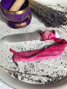 Selenite Athame Adorned with Pink Ribbon & Roses - Medium