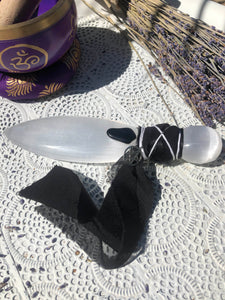 Selenite Athame - Adorned with Black Ribbon, Black Tourmaline & Pentacle Charm | Crystal Karma by Trina