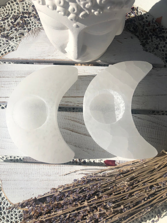 Selenite Crescent Moon Candle Holder  | Crystal Karma by Trina