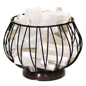 Selenite Fire Cage Amore Lamp - Wooden Base | Crystal Karma by Trina