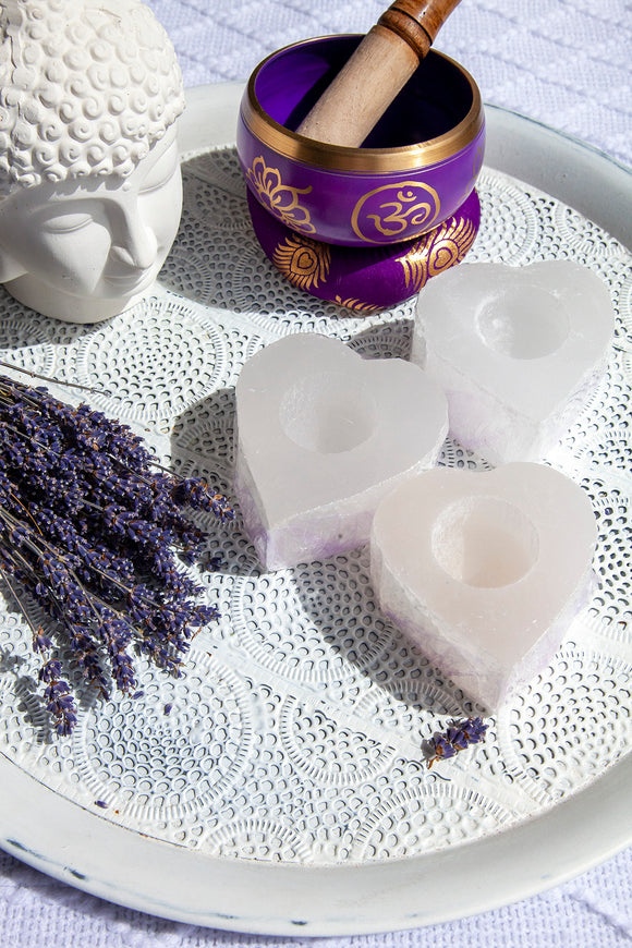 Selenite Candle Holder - Heart Shaped - Crystal Karma By Trina