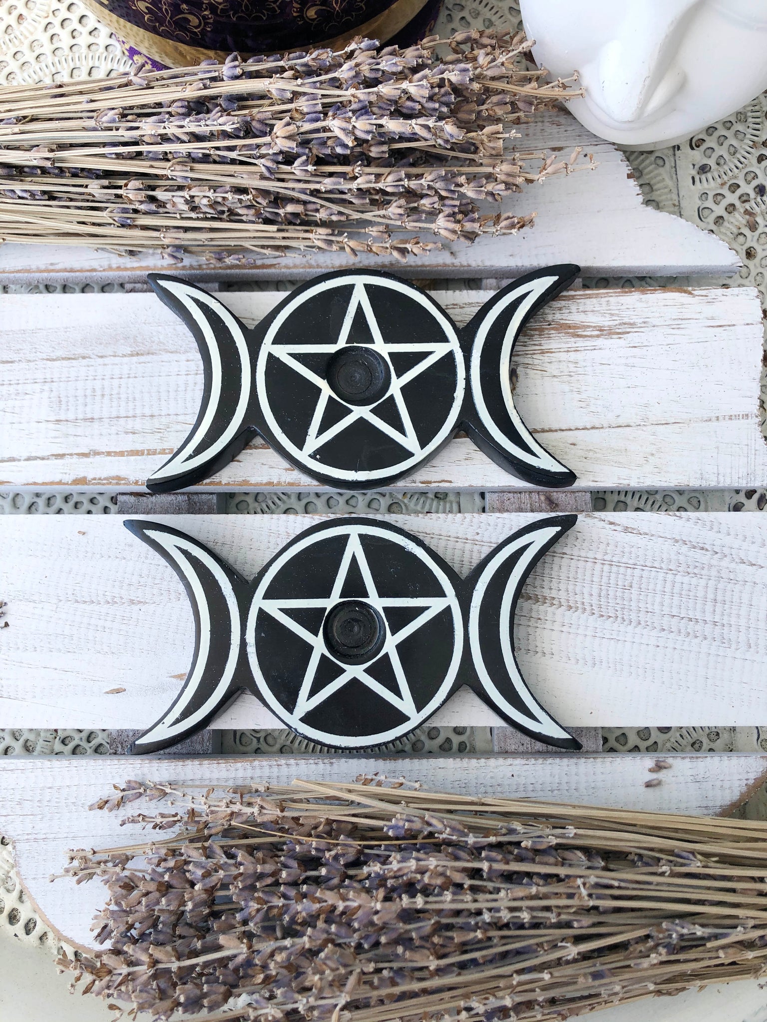 Wish Candle Holder Triple Moon Soapstone Crystal Karma By Trina